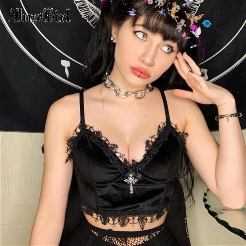 E-Girl Harajuku Mall Goth Sexy Velvet Camis Women Dark Gothic Aesthetic Emo Alternative Grunge Punk Tenshi Kaiwai Crop Tank Top Y2k Gyaru Gal Top