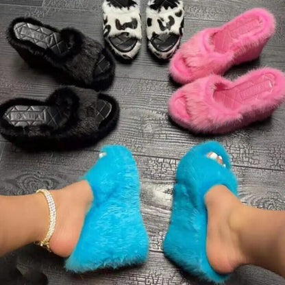 Kawaii E-Girl Y2K 2024 Tik Tok Gyaru Gal HimeGal Bimbo Baddies Fashion Luxury Fur Wedges ( Fur Heels )