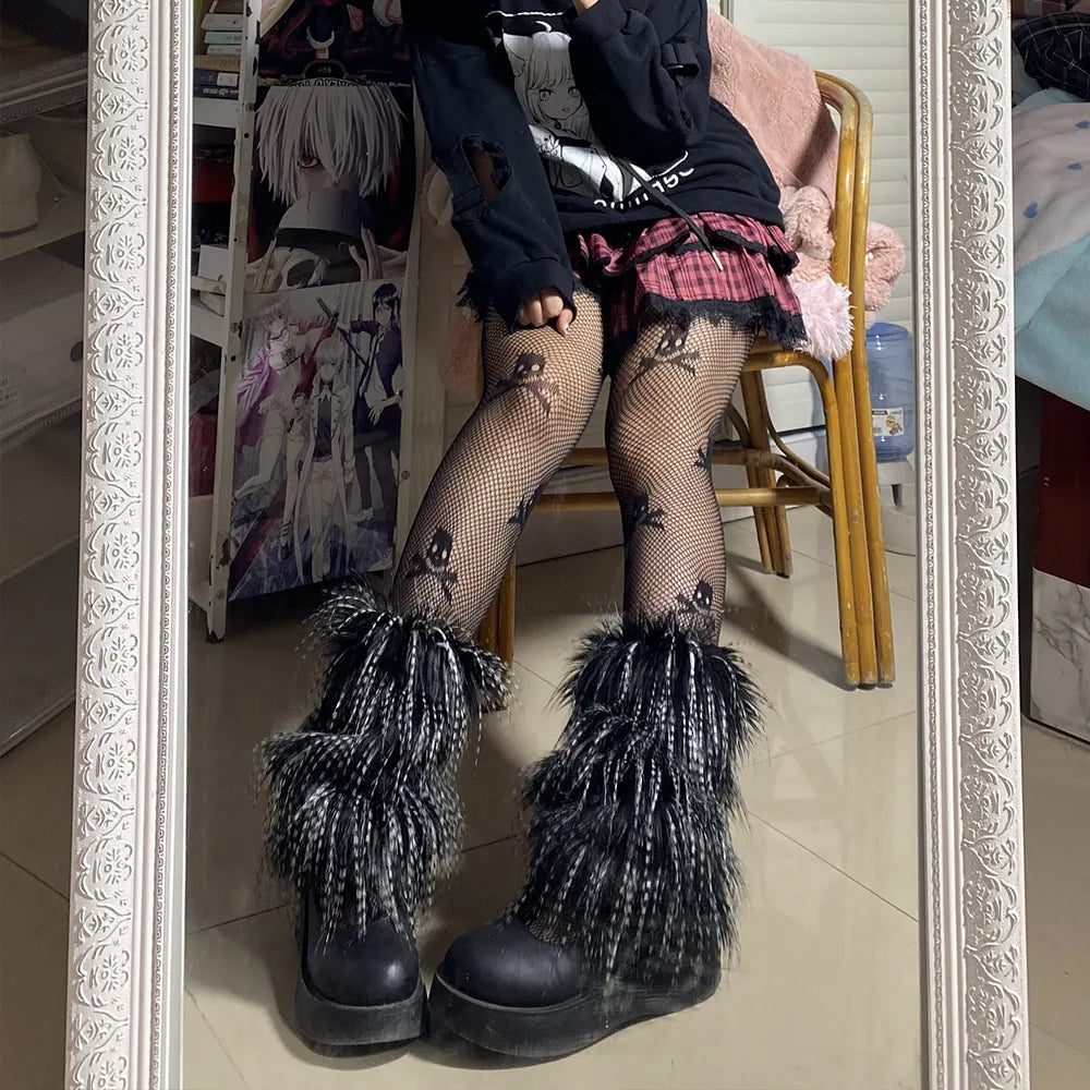 Fur Fuzzy E-Girl Kawaii Leg Warmers Y2K Goth White Faux Fluffies Fur Leg Warmers Boot Covers Raver Festival Fashion