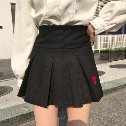 Harajuku Fashion Kawaii High Waist Women Skirt Heart Embroidery Pleated Short Elastic Waist Mini Skirts Japanese Style E-Girl Goth Lolita A-Line Skirt/ Sweater