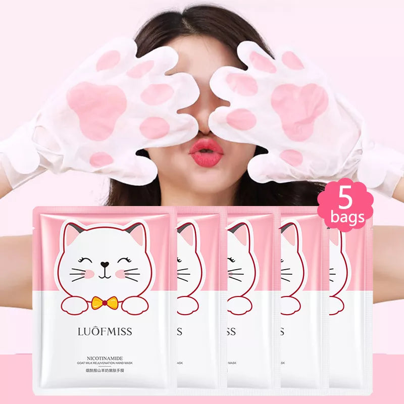 5 Bags ( 5 pairs ) Niacinamide Goat Milk Rejuvenation Cat Hand Mask Moisturizing Whitening Tender Skin Care Exfoliating Calluses Repairing