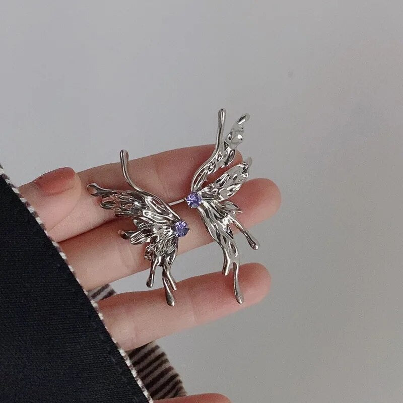 2024 New Y2K Fashion Aesthetic Punk Emo Goth Style Liquid Butterfly Earring for Woman JoJo’s Bizzare Adventure Jolyne Cujoh Metal Butterfly Wings Earrings Jewelry