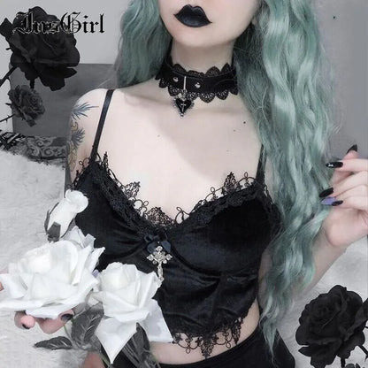 E-Girl Harajuku Mall Goth Sexy Velvet Camis Women Dark Gothic Aesthetic Emo Alternative Grunge Punk Tenshi Kaiwai Crop Tank Top Y2k Gyaru Gal Top