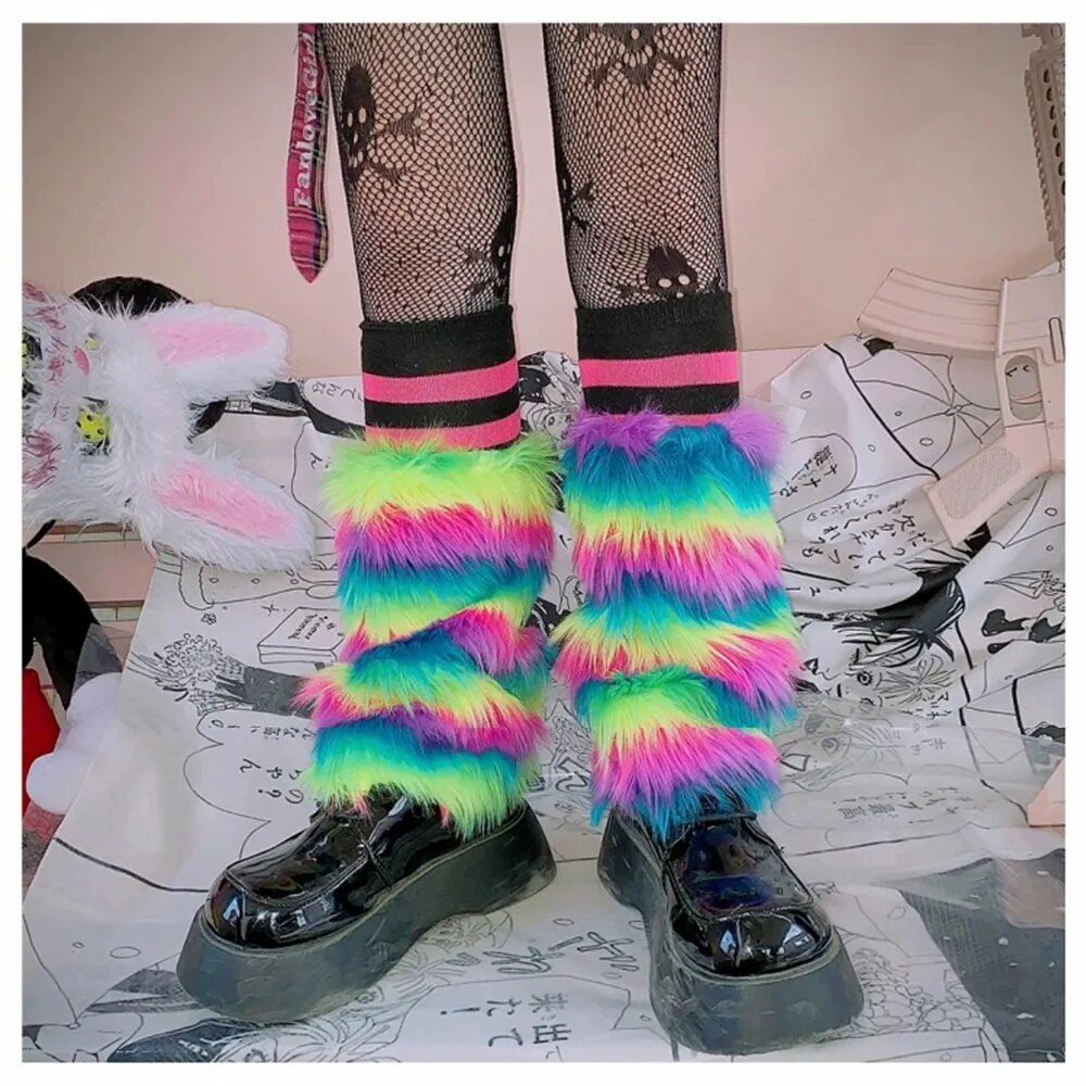 Fur Fuzzy E-Girl Kawaii Leg Warmers Y2K Goth White Faux Fluffies Fur Leg Warmers Boot Covers Raver Festival Fashion