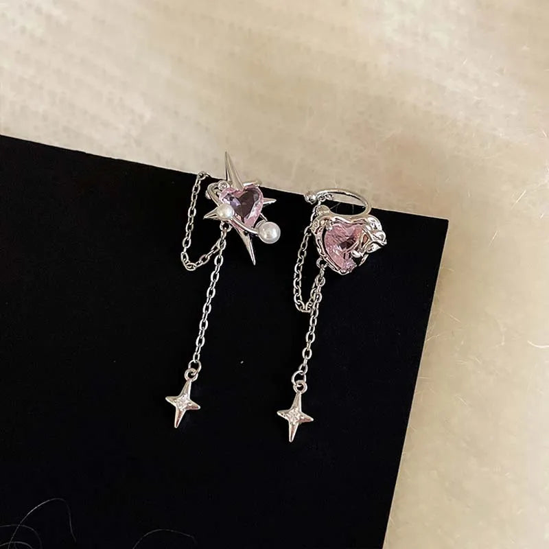 1Pc Sailor Moom Pink Crystal Heart Star Tassel Ear Clip Earrings for Kawaii Anime Women E-Girl No Piercing needle Ear Cuff Y2K Jewelry Christmas Gift