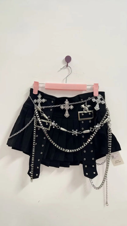 Cyber Gothic Short Mini Skirt  with Multiple Chains and Metal Cross Belt harajuku  Mini skirts,Emo Mini skirt ,Punk Rocker Short skirts,Alternative Mini skirts