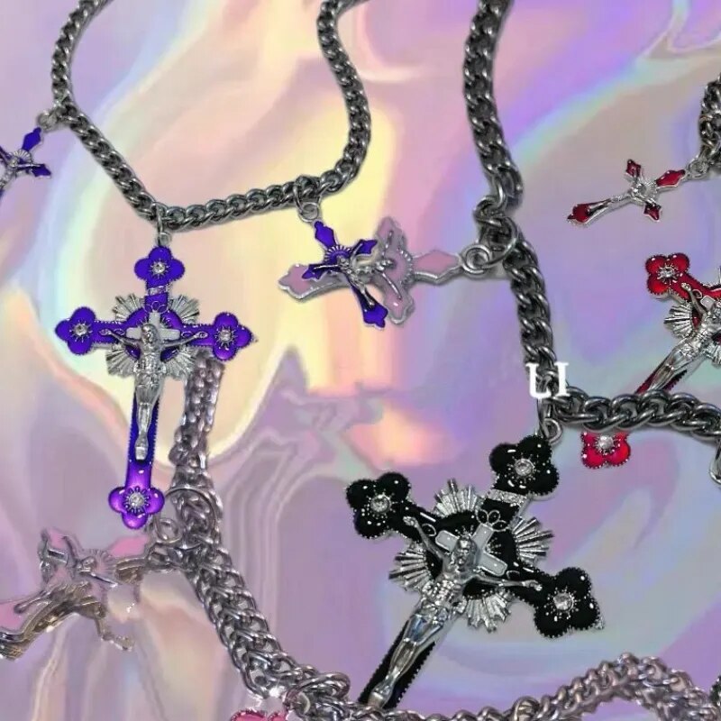 Y2K Pink Cross Necklaces for Gothic , Kawaii , Bimbo , Couple Jewelry Anime Style