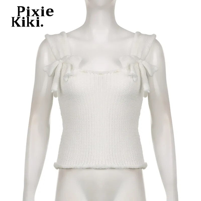 PixieKiki Y2k 2000s Bow White Crop Tops Woman Knitwears Cutecore Tank Top Kawaii Girls