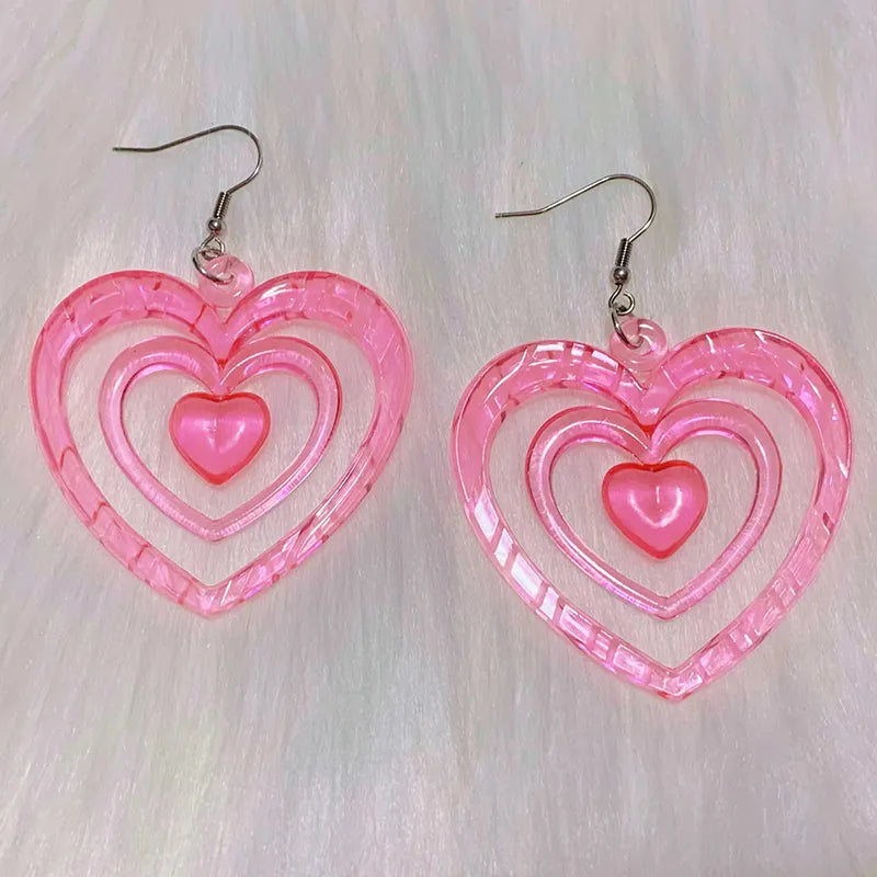 Y2K ￼Earrings E-Girl Translucent Pink Hollowout Heart Earrings Harajuku Fashion Kawaii Aesthetic Powerpuff GirlsLove Earrings for Women 2000s Jewelry