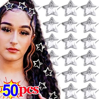 50Pcs Y2K Silver Star Hair Clips for E-Girls Silver Star Metal Snap Clip Hairpins Barrettes Hair Jewelry Nickle Free Bobby Pin