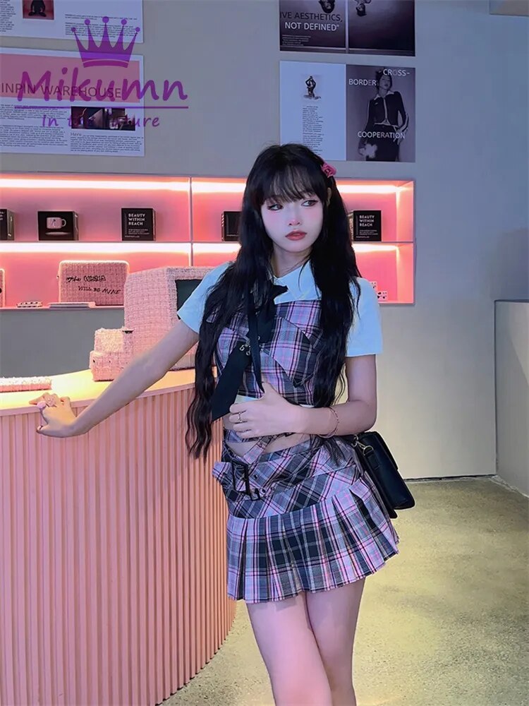 Cyber Y2K Harajuku Pink Plaid Pleated Skirt Academia Core Women  Low Waist Y2K Mini Skirt Gothic Emo Girls Kawaii Fashion Plaid Short Skirts