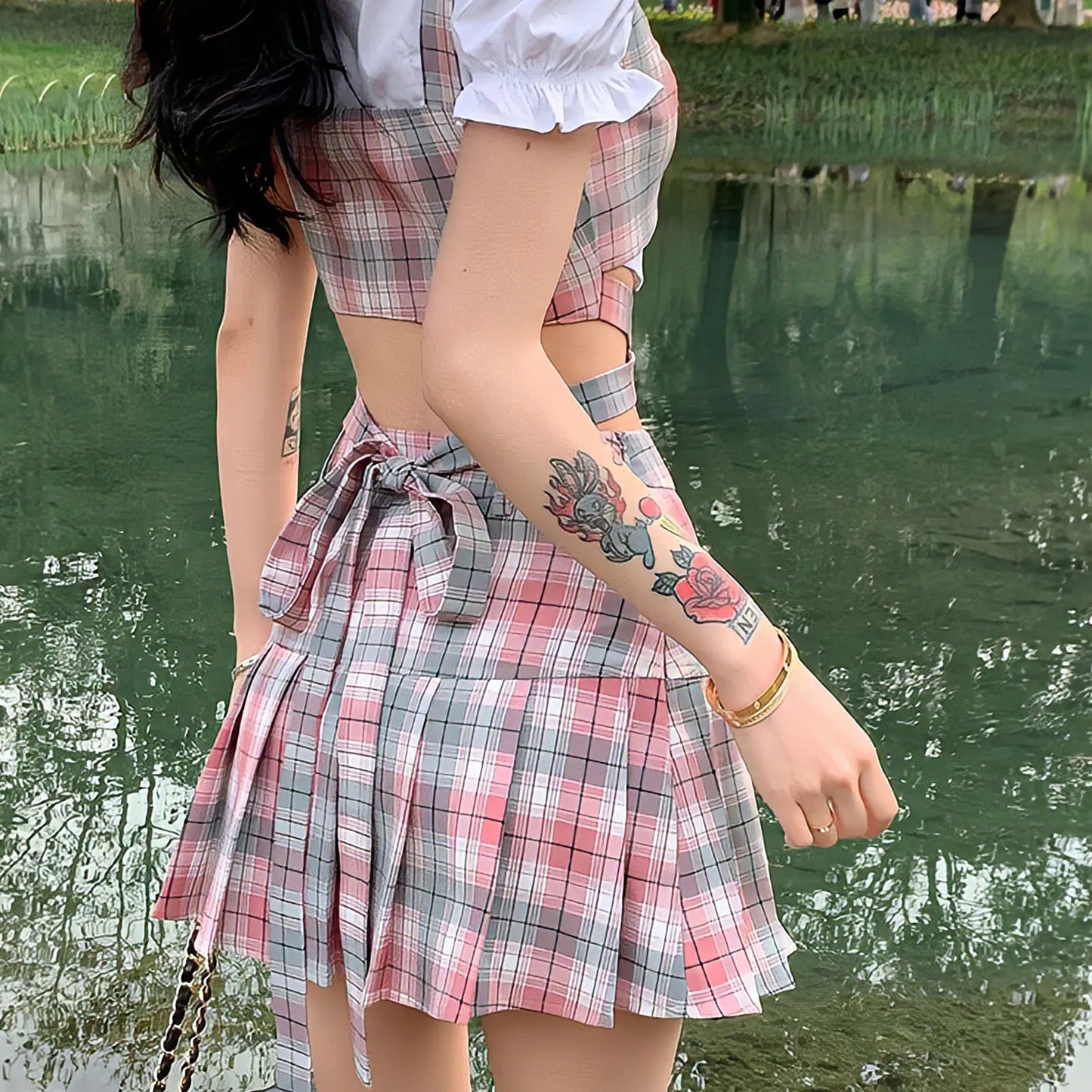 Y2k Aesthetic Academia Core Preppy Style Mini Skirts Women Clothing Vest Blouse Set White Pink Kawaii Harajuku Pleated Plaid Skirt