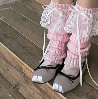 Japanese JK Lolita Girls Bow Streamer Leg Socks Knitted Lace Leg Cover Pile Socks Japanese Y2K Leg Warmers Accessories