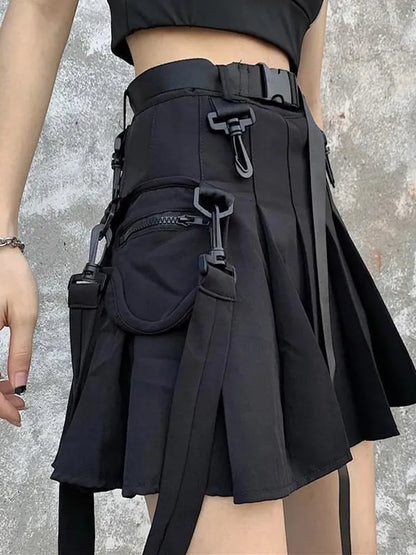 QWEEK Techwear Black Cargo Skirts Women Harajuku Gothic Grunge High Waist Mini Pleated Skirt Female Cyber Punk Egirl Uniform