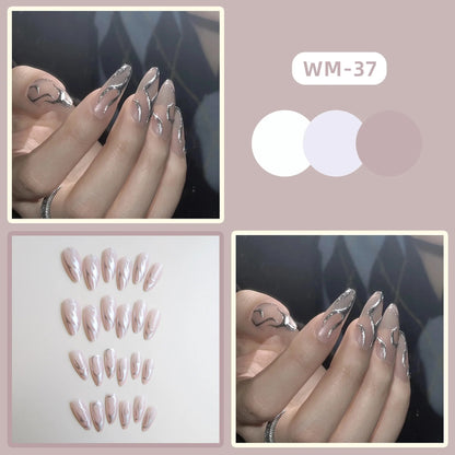 Cyber Silver Nude Y2k Tenshi Kaiwai Goth Emo Alt Nails Long Almond Round Fashion Nail Tips Press On With Silver Beads Designs Acrylic Nails