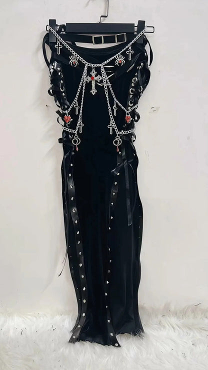 Nu Goth Maxi skirt with Split Ribbion Sides and Chain Belt Cross skirt Vampire skirts Punk skirts Gothic Maxi