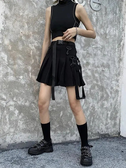 QWEEK Techwear Black Cargo Skirts Women Harajuku Gothic Grunge High Waist Mini Pleated Skirt Female Cyber Punk Egirl Uniform