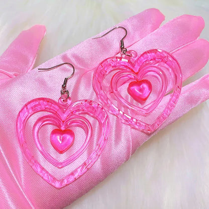 Y2K ￼Earrings E-Girl Translucent Pink Hollowout Heart Earrings Harajuku Fashion Kawaii Aesthetic Powerpuff GirlsLove Earrings for Women 2000s Jewelry