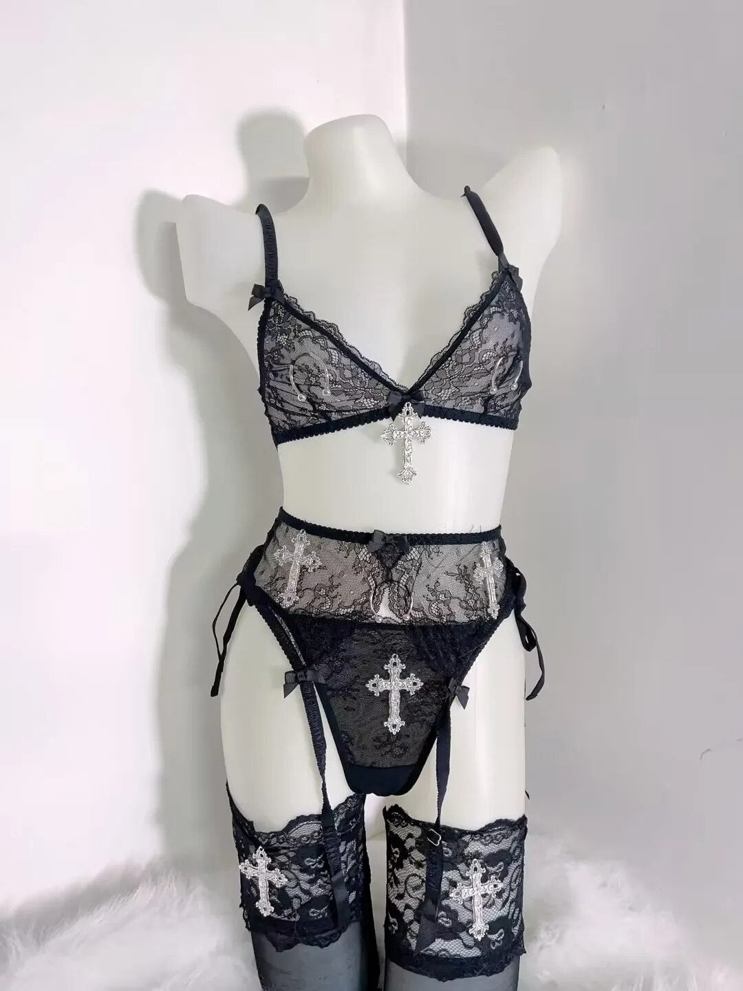 Cyber Goth Y2K Bralette and Panty Set with Chain Harness and Cross Thigh High Socks ( Chains Included)