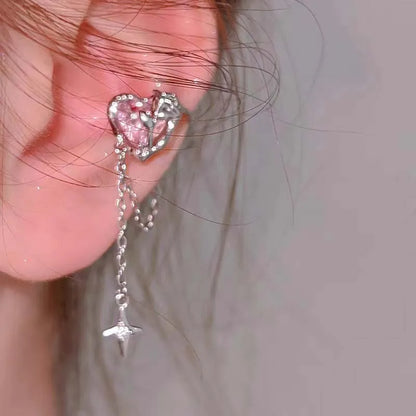 1Pc Sailor Moom Pink Crystal Heart Star Tassel Ear Clip Earrings for Kawaii Anime Women E-Girl No Piercing needle Ear Cuff Y2K Jewelry Christmas Gift