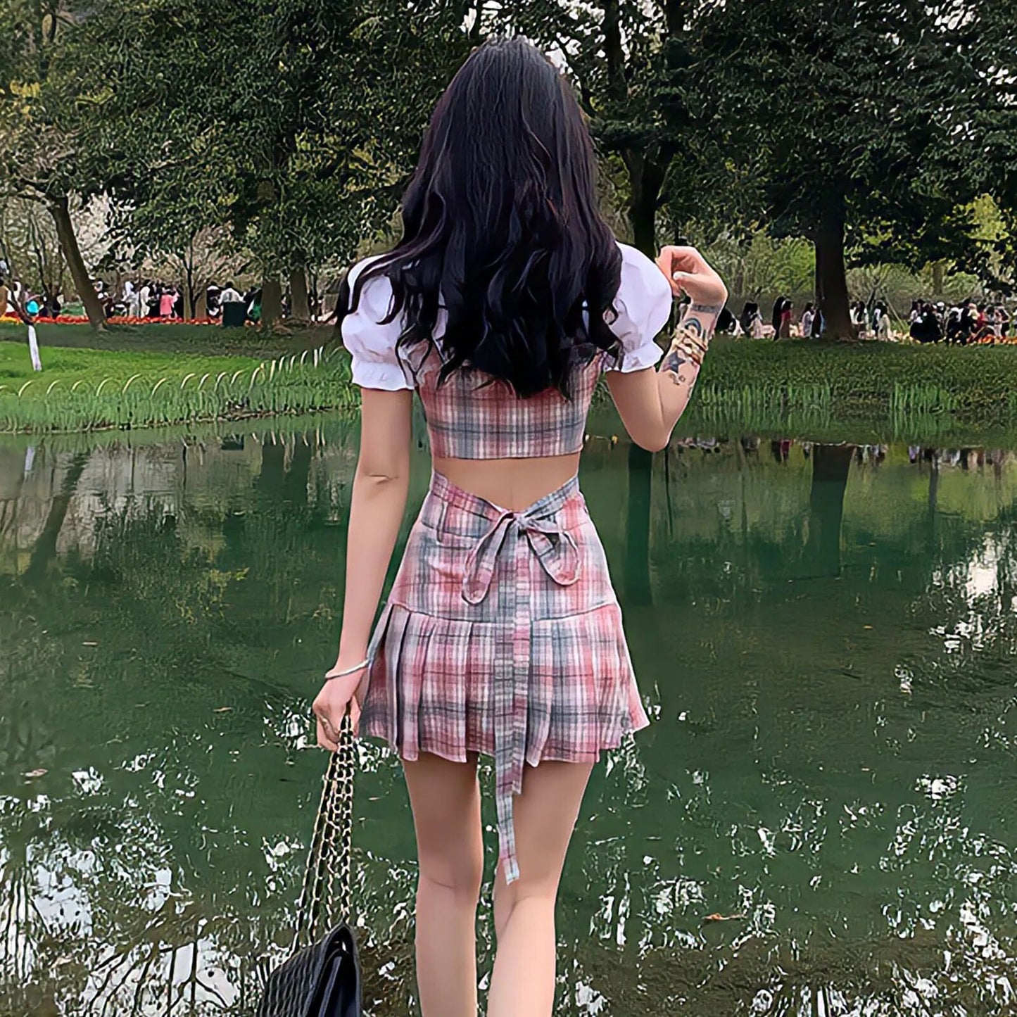 Y2k Aesthetic Academia Core Preppy Style Mini Skirts Women Clothing Vest Blouse Set White Pink Kawaii Harajuku Pleated Plaid Skirt