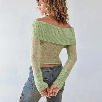 Women’s Knit Off Shoulder Crop Tops Solid Color Long Sleeve Cropped Sweater Pullovers Y2k High Streetwear Female Short Outwear