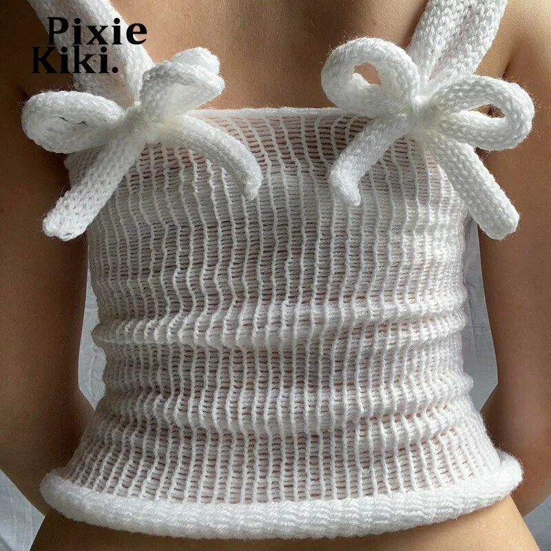 PixieKiki Y2k 2000s Bow White Crop Tops Woman Knitwears Cutecore Tank Top Kawaii Girls