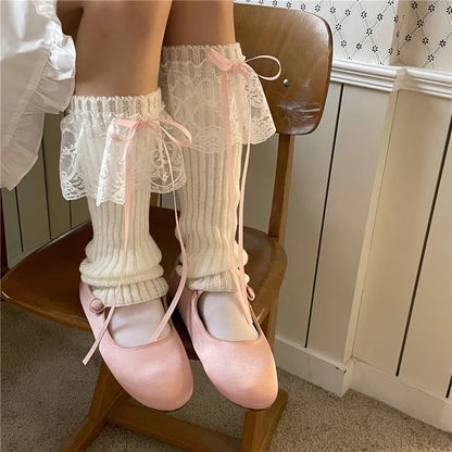 Japanese JK Lolita Girls Bow Streamer Leg Socks Knitted Lace Leg Cover Pile Socks Japanese Y2K Leg Warmers Accessories