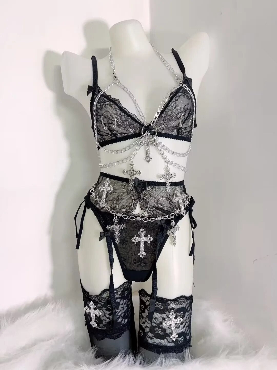 Cyber Goth Y2K Bralette and Panty Set with Chain Harness and Cross Thigh High Socks ( Chains Included)