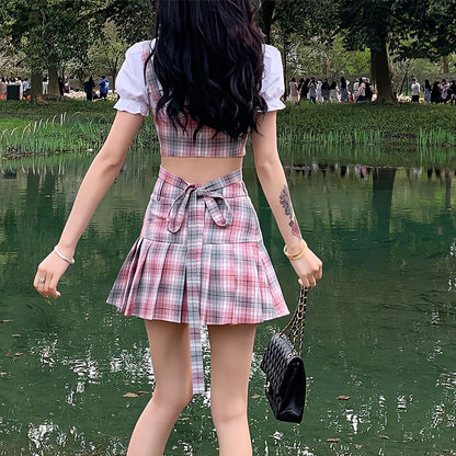 Y2k Aesthetic Academia Core Preppy Style Mini Skirts Women Clothing Vest Blouse Set White Pink Kawaii Harajuku Pleated Plaid Skirt