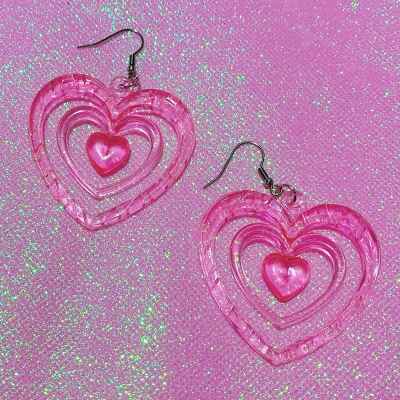 Y2K ￼Earrings E-Girl Translucent Pink Hollowout Heart Earrings Harajuku Fashion Kawaii Aesthetic Powerpuff GirlsLove Earrings for Women 2000s Jewelry