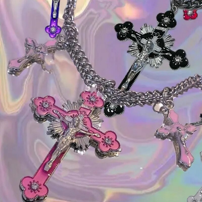 Y2K Pink Cross Necklaces for Gothic , Kawaii , Bimbo , Couple Jewelry Anime Style