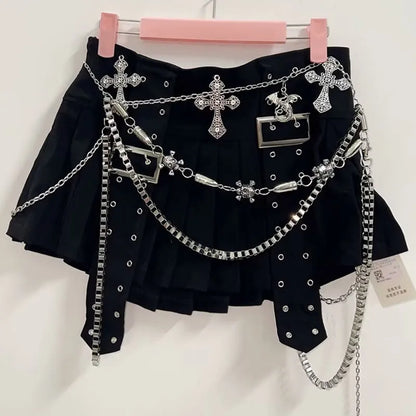 Cyber Gothic Short Mini Skirt  with Multiple Chains and Metal Cross Belt harajuku  Mini skirts,Emo Mini skirt ,Punk Rocker Short skirts,Alternative Mini skirts