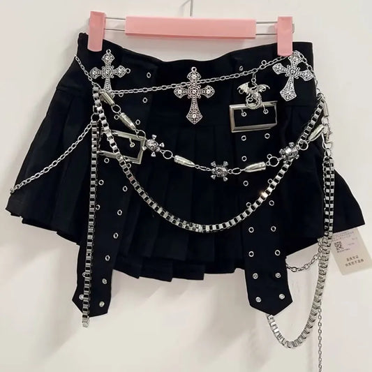 Cyber Gothic Short Mini Skirt  with Multiple Chains and Metal Cross Belt harajuku  Mini skirts,Emo Mini skirt ,Punk Rocker Short skirts,Alternative Mini skirts