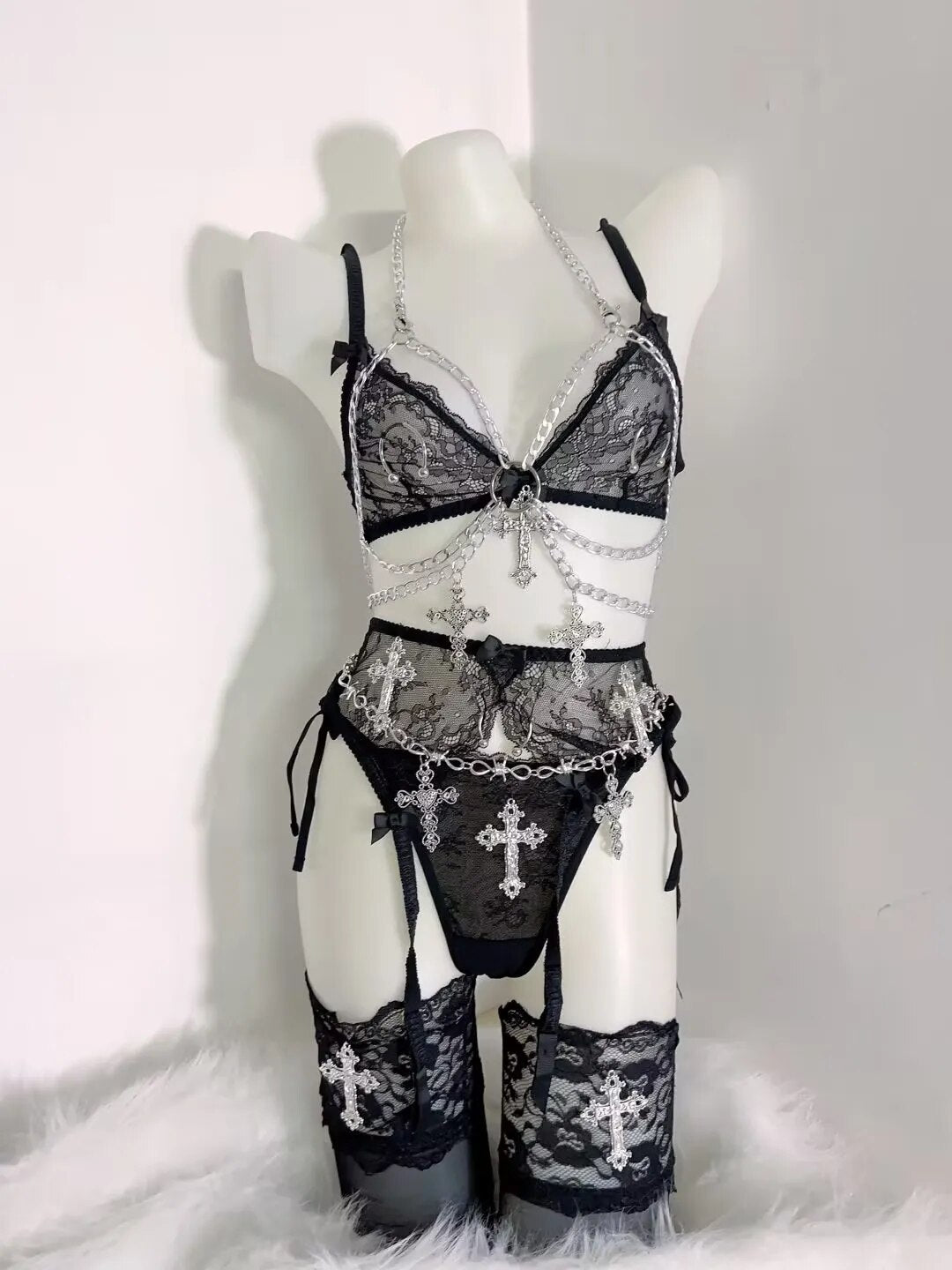 Cyber Goth Y2K Bralette and Panty Set with Chain Harness and Cross Thigh High Socks ( Chains Included)