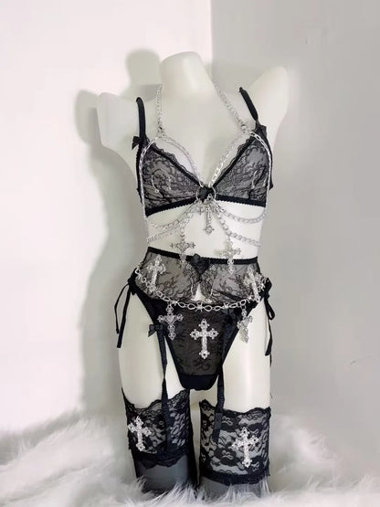 Cyber Goth Y2K Bralette and Panty Set with Chain Harness and Cross Thigh High Socks ( Chains Included)