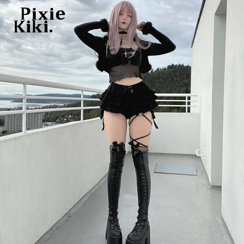 PixieKiki Harajuku Tenshi Kaiwai Y2k Japanese Kawaii Goth Ruffles Black Shorts Lolita Bloomers 2023 Fashion Women Tik TokTrending Puffy Frilly Shorts