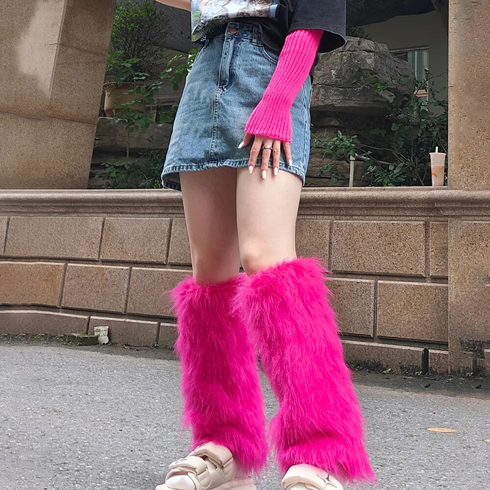 Fur Fuzzy E-Girl Kawaii Leg Warmers Y2K Goth White Faux Fluffies Fur Leg Warmers Boot Covers Raver Festival Fashion