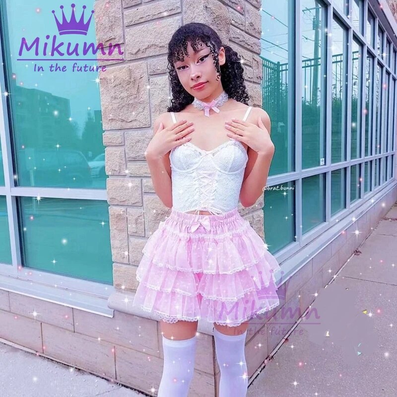 Mikumn Harajuku Gyaru HimeKaji Kawaii Lace Shorts Skirts Y2k Japanese Lolita Kawaii JK Ruffles Bloomers Hime Gal Gyaru Women Elastic Waist Safety Short Pants