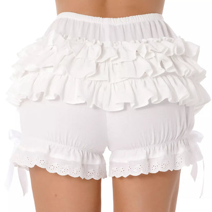 Kawaii Lolita Short Black White Shorts Womens Cute Lace Trim Layered Ruffle Bloomers Short Girls Mid Waist Bowknot Pastel Fashion Frilly Panties ( Plus Size Friendly XS- 4XL)