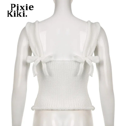 PixieKiki Y2k 2000s Bow White Crop Tops Woman Knitwears Cutecore Tank Top Kawaii Girls