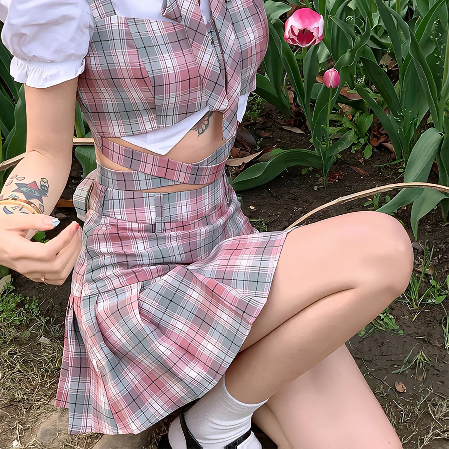 Y2k Aesthetic Academia Core Preppy Style Mini Skirts Women Clothing Vest Blouse Set White Pink Kawaii Harajuku Pleated Plaid Skirt