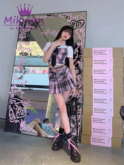 Cyber Y2K Harajuku Pink Plaid Pleated Skirt Academia Core Women  Low Waist Y2K Mini Skirt Gothic Emo Girls Kawaii Fashion Plaid Short Skirts