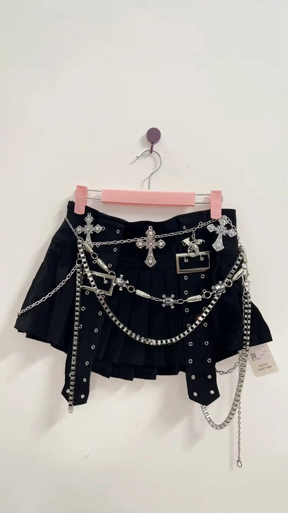 Cyber Gothic Short Mini Skirt  with Multiple Chains and Metal Cross Belt harajuku  Mini skirts,Emo Mini skirt ,Punk Rocker Short skirts,Alternative Mini skirts