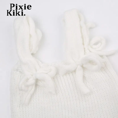 PixieKiki Y2k 2000s Bow White Crop Tops Woman Knitwears Cutecore Tank Top Kawaii Girls