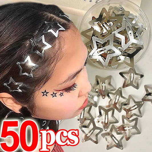 50Pcs Y2K Silver Star Hair Clips for E-Girls Silver Star Metal Snap Clip Hairpins Barrettes Hair Jewelry Nickle Free Bobby Pin