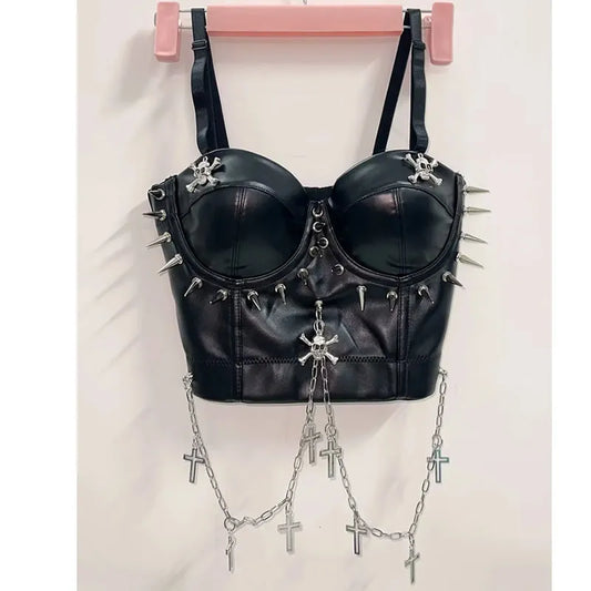 Punk,Goth, Emo Corset y2k faux leather top spiked bralette Gothic Tops with Spikes ,Chains, and Skulls