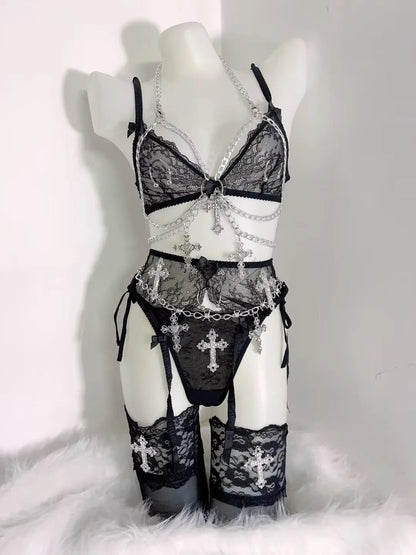 Cyber Goth Y2K Bralette and Panty Set with Chain Harness and Cross Thigh High Socks ( Chains Included)