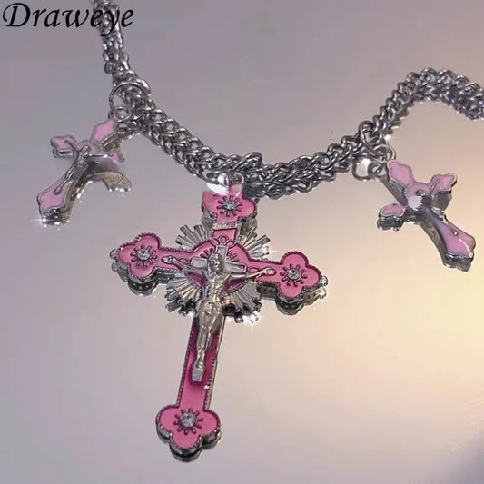 Y2K Pink Cross Necklaces for Gothic , Kawaii , Bimbo , Couple Jewelry Anime Style