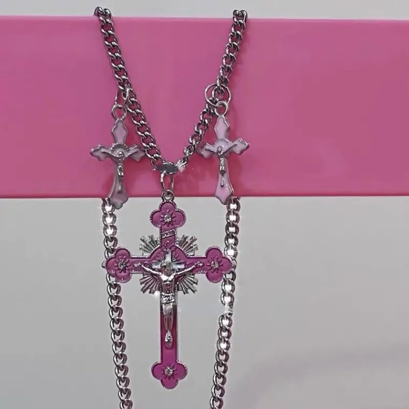 Y2K Pink Cross Necklaces for Gothic , Kawaii , Bimbo , Couple Jewelry Anime Style